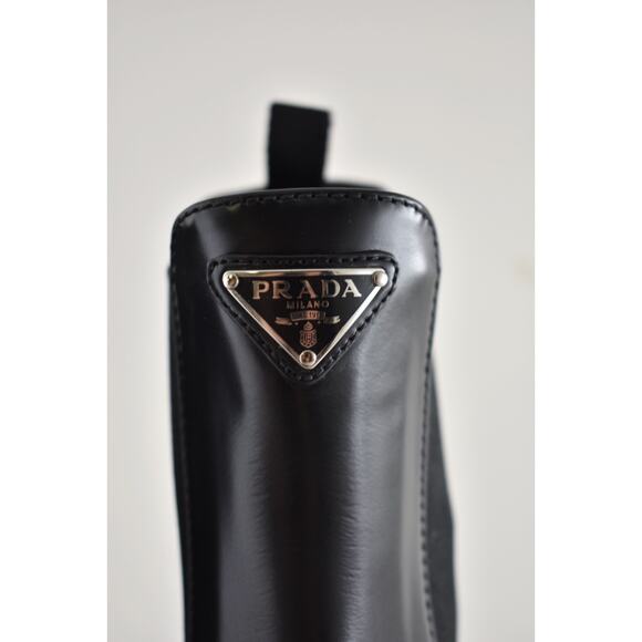 Prada Chocolate Brushed Leather Black Pull On Chelsea Ankle Mid Calf Boot 37.5 - Picture 10 of 16